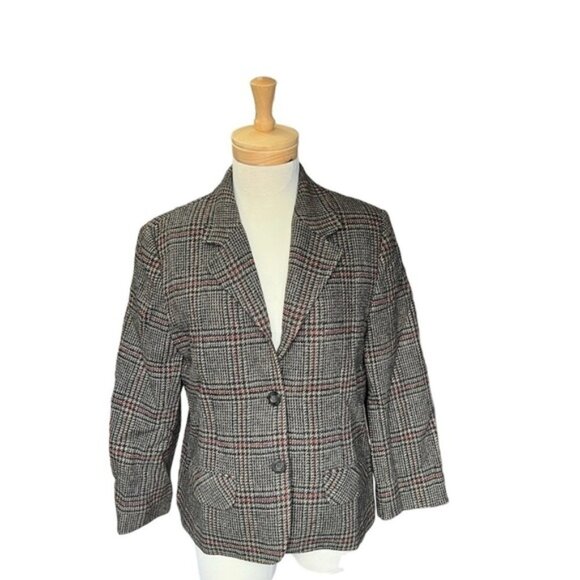 VINTAGE 60s Plaid Wool Green Women's blazer Jacket Size 12 - Picture 1 of 8